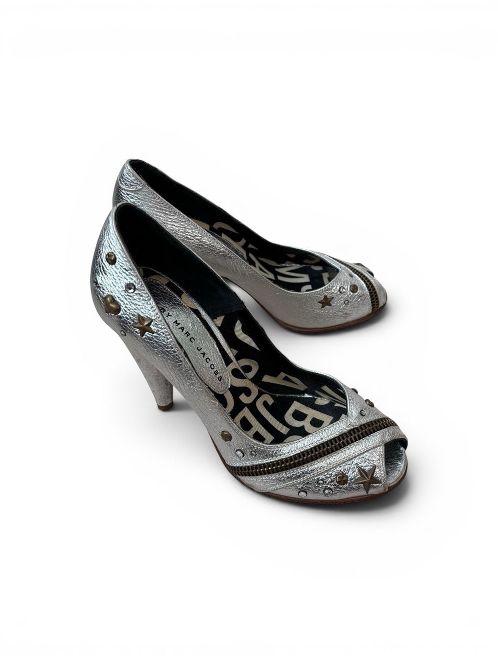 Marc Jacobs Silver Studded Peep-Toe Heels peep toe studded pumps size 35